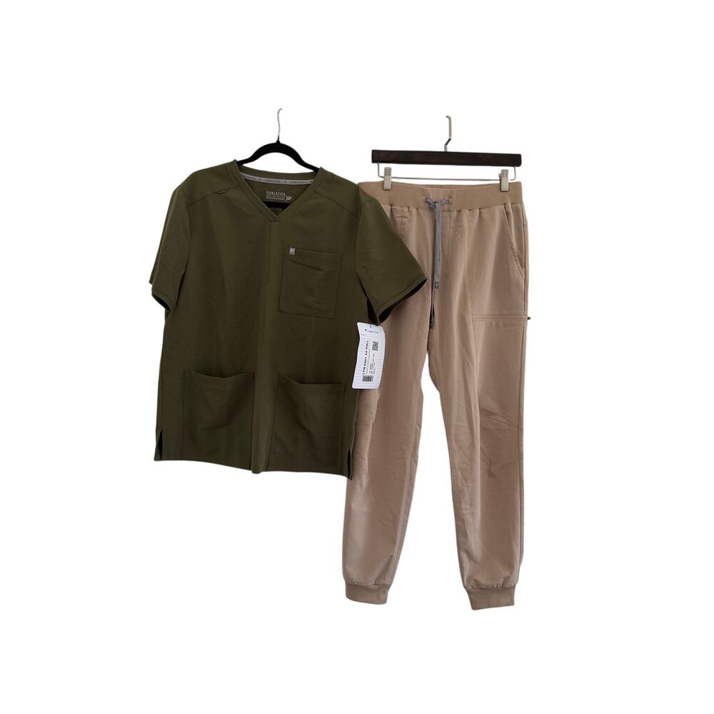 NWT Fabletics Scrub Set Max Top/All Shift Jogger Mens Medium Green Tan READ